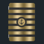 Cubierta Para iPad Mini Anclaje náutico moderno de bandas de oro y negro<br><div class="desc">Elegantes rayas metálicas monogramadas de oro modernas sobre fondo negro que puedes cambiar. Círculo blanco y dorado para el ilustracion de ancla náutica blanca. Monograma personalizado. Si necesita ayuda para personalizar, cambiar de color o cualquier otra cosa a cualquiera de mis diseños, póngase en contacto con el diseñador ArtOnWear. Formato...</div>