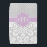 Cubierta Para iPad Mini Monograma de puntos de Polka Damasco Gris y Púrpur<br><div class="desc">Moda diseño moderno y elegante del estuche para iPad con una mezcla de puntos de polka preppy y elegantes patrones de damasco vintage personalizados con sus iniciales de monograma o nombre en un marco de quatrefoil. Haga clic en Personalizar para cambiar el tipo de letra y los colores del monograma...</div>