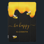 Cubierta Para iPad Pro Abejas de abejas negras felices burbujas monograma<br><div class="desc">Un fondo negro de moda decorado con miel de goteo dorada. El texto: Abeja feliz con un guión de estilo con letras a mano dorada con chispas.  Personaliza y agrega tu nombre.</div>