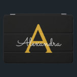 Cubierta Para iPad Pro Black Gold Modern Script Girly Monograma Nombre<br><div class="desc">Funda de portátiles Black and Gold Simple Script Monogram Name. Esto hace que el dulce perfecto cumpleaños 16,  boda,  ducha de novia,  aniversario,  ducha de bebé o fiesta de soltera sea regalo para alguien que ama el lujo glam y los estilos de moda.</div>