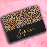 Cubierta Para iPad Pro Elegante y elegante nombre de Leopardo de oro negr<br><div class="desc">Elegante y elegante portada rosa,  dorada y de leopardo negro iPad Pro personalizada con tu nombre en una moderna letra de escritura.</div>