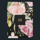 Cubierta Para iPad Pro La acuarela florece rosa y oro del | florales en<br><div class="desc">Esta cubierta hermosa,  dramática ofrece un diseño floral del oro de la mirada rosada y falsa de la ruborización con el un montón de hojas botánicas de moda,  verdes en un fondo negro. Hemos utilizado arte de LABFcreations.</div>