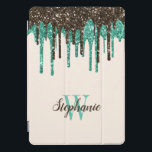 Cubierta Para iPad Pro Monograma con Purpurina de crema de hielo de choco<br><div class="desc">Este divertido diseño presenta un borde superior de goteo de purpurina falso en los colores de los helados: verde menta y marrón chocolate. Personalízalo con su nombre en el guión de escritura a mano marrón chocolate y su letra inicial en serif verde menta en un fondo de marfil.</div>