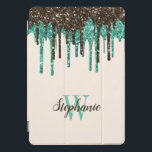 Cubierta Para iPad Pro Monograma con Purpurina de crema de hielo de choco<br><div class="desc">Este divertido diseño presenta un borde superior de goteo de purpurina falso en los colores de los helados: verde menta y marrón chocolate. Personalízalo con su nombre en el guión de escritura a mano marrón chocolate y su letra inicial en serif verde menta en un fondo de marfil.</div>
