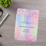 Cubierta Para iPad Pro Nombre comercial holográfico rosa morado<br><div class="desc">Un fondo iridiscente y holográfico a la moda con colores pastel en rosa, violeta, verde menta. Decorado con confeti. Para maquilladores, diseñadores de cabello, peluquerías y salones de belleza, enfermeras. Letras de color púrpura. Personalice y agregue su nombre e información de contacto. El nombre personal está escrito con una escritura...</div>