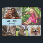 Cubierta Para iPad Pro Nombre de la familia azul y collage de fotos<br><div class="desc">Proteja su funda de tablet y elija sus fotos más queridas para cubrir este diseño. Personalizar fácilmente las imágenes, nombre de familia. Disfruta de archivar el funda de la tableta con fotos de momentos especiales con la familia, niños, mascotas, boda, compromiso, abuelos y más. Con un color de acento azul....</div>