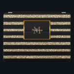 Cubierta Para iPad Pro Nombre de monograma de rayas negras de oro purpuri<br><div class="desc">El purpurina personal Ipad pro funda. Bandas negras sobre fondo dorado y monograma y nombre.</div>