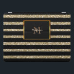 Cubierta Para iPad Pro Nombre de monograma de rayas negras de oro purpuri<br><div class="desc">El purpurina personal Ipad pro funda. Bandas negras sobre fondo dorado y monograma y nombre.</div>