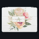 Cubierta Para iPad Pro Nombre del Monograma Peony y Flores de Oro<br><div class="desc">Diseñado para coordinar con nuestra colección Peony y Gold, esta cubierta monograma de personalizable combina flores rosa y de peonía dorada con follaje verde con letras clásicas. Para una personalización más avanzada de este diseño, haga clic en el botón "PERSONALIZAR" de arriba. El Relieve metalizado de oro es un efecto...</div>