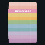 Cubierta Para iPad Pro Nombre personalizado Colorful Bright Pastel Stripe<br><div class="desc">Este elegante estuche para iPad presenta un diseño caprichoso de rayas simples en una brillante paleta de arcoiris. Personalízalo con tu nombre. ¡Buena idea de regalo!</div>
