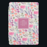 Cubierta Para iPad Pro Patrón floral de color de agua pastel con monogram<br><div class="desc">Un hermoso patrón de acuarela floral pastel en rosa,  frambuesas,  azules,  verdes y lilatas que se coordina en color con el marco cuadrado que rodea su monograma. Personalice editando el monograma de ejemplo en la plantilla de texto fácil de usar.</div>