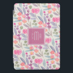 Cubierta Para iPad Pro Patrón floral de color de agua pastel con monogram<br><div class="desc">Un hermoso patrón de acuarela floral pastel en rosa,  frambuesas,  azules,  verdes y lilatas que se coordina en color con el marco cuadrado que rodea su monograma. Personalice editando el monograma de ejemplo en la plantilla de texto fácil de usar.</div>