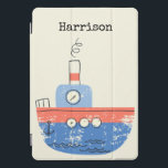 Cubierta Para iPad Pro Personalizado de nombre de Ilustracion azul rojo d<br><div class="desc">Esta bonita cubierta para iPad personalizado presenta un caprichoso ilustracion de un bote remolcador en rojo y azul. Personalízalo con tu nombre. Gran idea de regalo.</div>