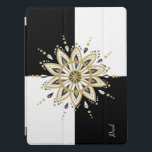 Cubierta Para iPad Pro Plaza blanca y negra y Mandala circular 2a<br><div class="desc">Elegante y moderno fondo cuadrado negro y blanco con diseño de mandala en blanco y negro dorado. Monograma opcional.</div>
