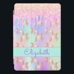 Cubierta Para iPad Pro Purpurina de unicornio rosa rosa nombre oro<br><div class="desc">Un fondo de diseño de color arcoiris con unicornio y colores pastel de arcoiris en rosa, violeta, dorado rosa, verde menta. Decorada con goteo falso purpurina en oro rosa, rosa y morado y un patrón de unicornio dorado. Una banda verde menta. Personalice y agregue un nombre, escrito con un guión...</div>