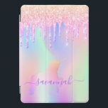 Cubierta Para iPad Pro Purpurina de unicornio rosado gotea oro rosa iridi<br><div class="desc">Un fondo iridiscente a la moda con unicornio y colores pastel de arcoiris en tonos rosa, violeta, dorado rosa, verde menta. Decorada con tonalidades purpurinas en oro rosa, rosa, morado y un unicornio de color arcoiris. Letras de color púrpura. Personaliza y agrega tu nombre. El nombre está escrito con un...</div>