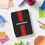 Cubierta Para iPad Pro Red Black Carreras Stripes Elegante Nombre Monogra<br><div class="desc">Crea tu propio personalizado, personalizado, fresco, elegante, elegante, clásico, rojo y negro diseño de rayas de carreras, tipografía blanca / monograma de guiones, moderna y magnética cubierta inteligente para iPad que se dobla en múltiples posiciones de stand y cuenta con interiores de microfibra gris que ayudan a proteger tu pantalla,...</div>