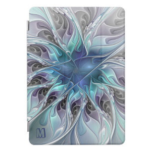 Cubierta Para iPad Pro Resumen Flor Fractal Moderna Con Monograma Azul