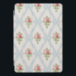 Cubierta Para iPad Pro Rosas de Victoria Rosa con Entramado Azul<br><div class="desc">Ramos de rosa rosado victoriano bonito con entramado diagonal de cintas azul pálido y arcos sobre fondo de concha suave con puntos grises sutiles. El diseño es transparente y escalable.</div>