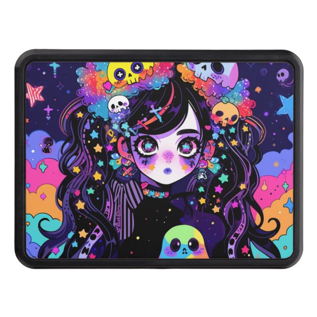 Cubierta Para Remolque Kawaii Creepy Gótico Neon Anime Chica y cráneos (Anverso)
