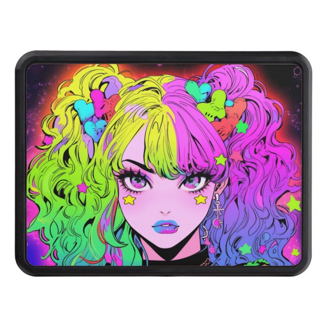 Cubierta Para Remolque Kawaii Neon Rainbow Pigtails Bangs Anime Chica (Anverso)