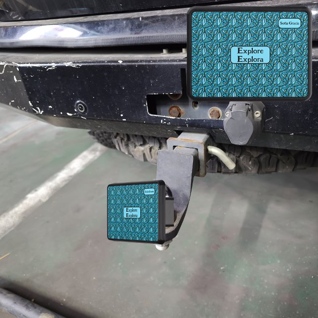 Cubierta Para Remolque Patrón de hojas azules "Explorar" bilingüe y nombr (Blue leaves hitch cover, personalized name & Spanish. multilingual Project)