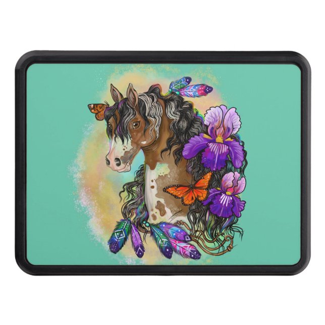 Cubierta Para Remolque Pintar caballo Mustang con iris y mariposas (Anverso)