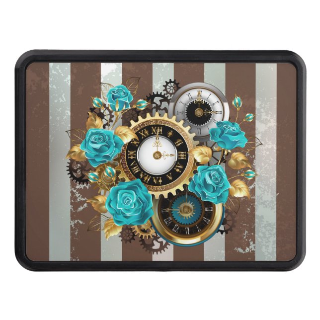 Cubierta Para Remolque Reloj de vapor y Rosas turquesa a rayas (Anverso)