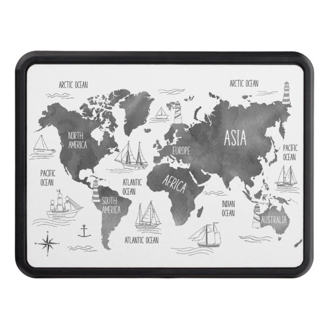 Cubierta Para Remolque World Map Art Black White Nautical (Anverso)