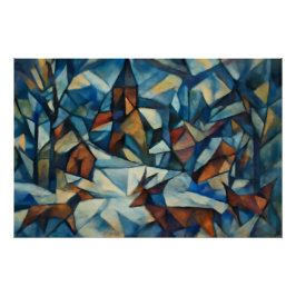 Cubist Expressionist Winter Village Poster
