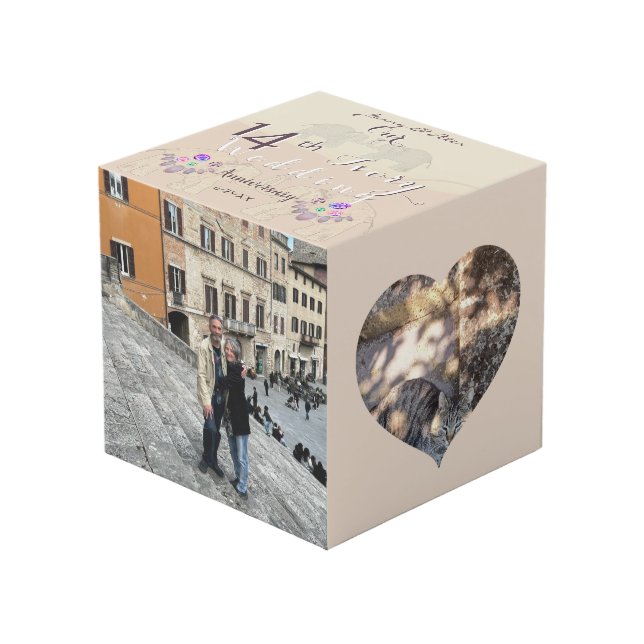 Cubo 14th Ivory Wedding Anniversary Photo Cube (Angulo Anverso)