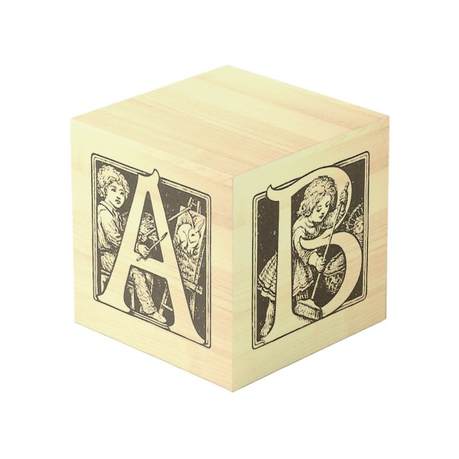 Cubo Alfabeto francés vintage "ABC" Bloque de madera (Angulo Anverso)