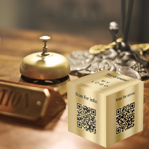 Cubo Bienvenido logotipo comercial Códigos QR oro info 