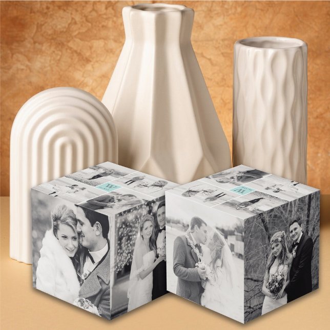 Cubo Boda cuadrado moderno Monograma 8 Collage de fotos (Modern Square Wedding Monogram 8 Photo Collage Cube @ fatfatin_blue_knot)