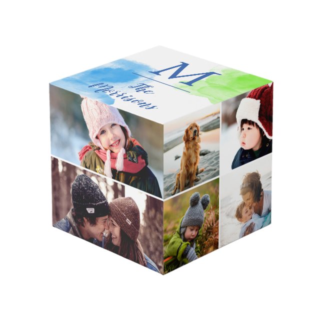 Cubo Collage de fotos del monograma de la acuarela del (Angulo Anverso)