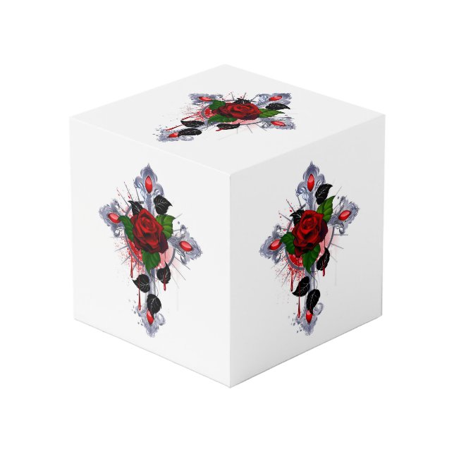 Cubo Cruz de Plata con una Rosa Roja (Angulo Anverso)