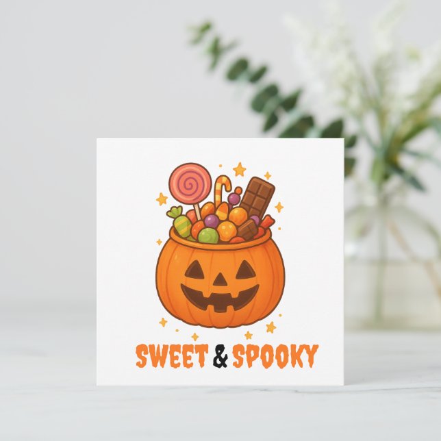 Cubo de calabaza lleno de dulces - Halloween (Anverso de pie)