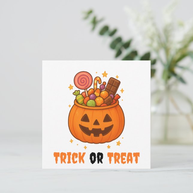 Cubo de calabaza lleno de dulces - Halloween (Anverso de pie)