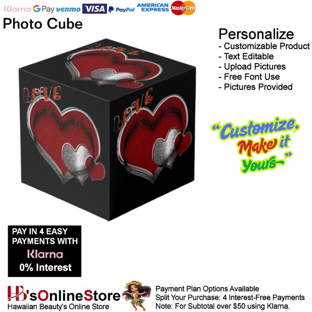 Cubo de fotografía Heart Magic Black (Love Heart Red Silver with Black Background Cube.)