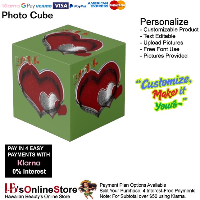 Cubo de fotografía Heart Magic Green (Love Heart Red Silver with Green Background Cube.)