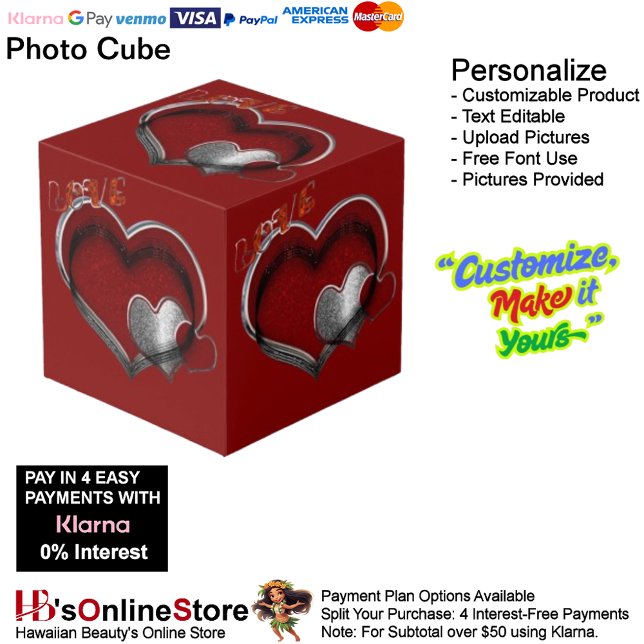 Cubo de fotografía rojo Heart Magic (Love Heart Red Silver with Red Background Cube.)