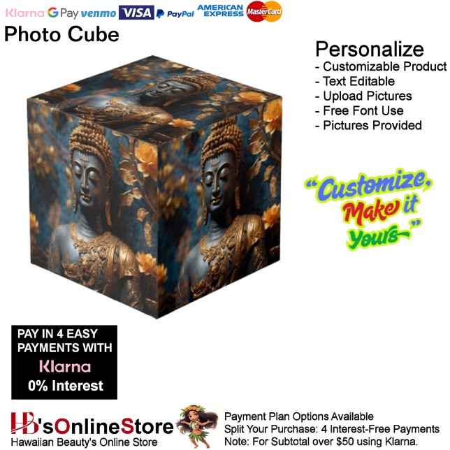 Cubo de fotos de Buda (Buddha Floral Black Gold Calm Photo Cube.)