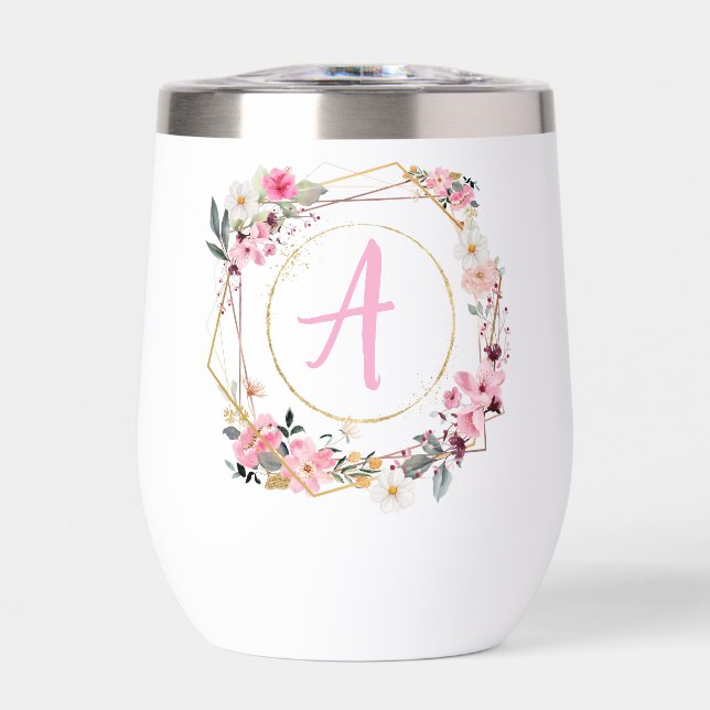 Cubo de vino geométrico dorado con flores rosadas (Frente)