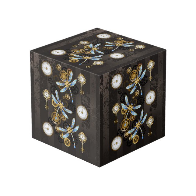 Cubo Dragoniscos de Steampunk sobre fondo rayado marrón (Angulo Anverso)