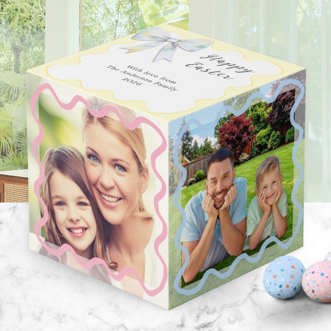 Cubo Feliz Pascua 4 Foto Pastel (A photo display cube with pastel wavy line 'frames', Happy Easter message, name(s) and date)