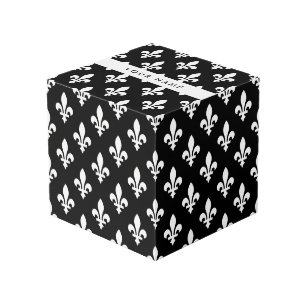 Cubo Fleur de Lis, Blanco sobre Negro, Blanco, Tu Nombr
