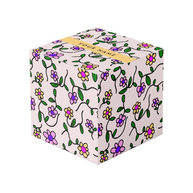 Cubo Flores Coloridas, Fondo Rosa, Amarillo (Angulo Anverso)
