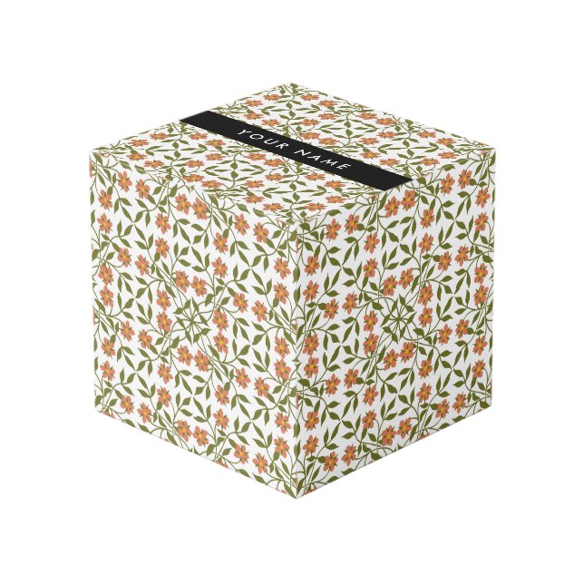 Cubo Flores Naranjas, Patrón Floral, Boho, Tu Nombre (Angulo Anverso)