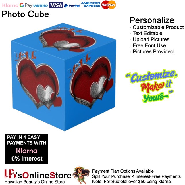 Cubo fotográfico azul Heart Magic (Love Heart Red Silver with Blue Background Cube.)