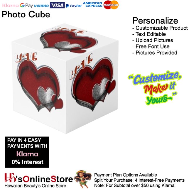Cubo fotográfico blanco Heart Magic (Love Heart Red Silver with White Background Cube.)